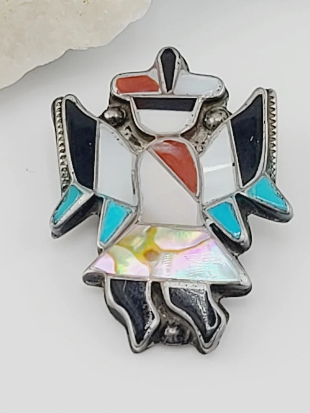 1940s Zuni Knifewing Pin of Turquoise, Jet, MOP, & Spiney Oyster On Sterling